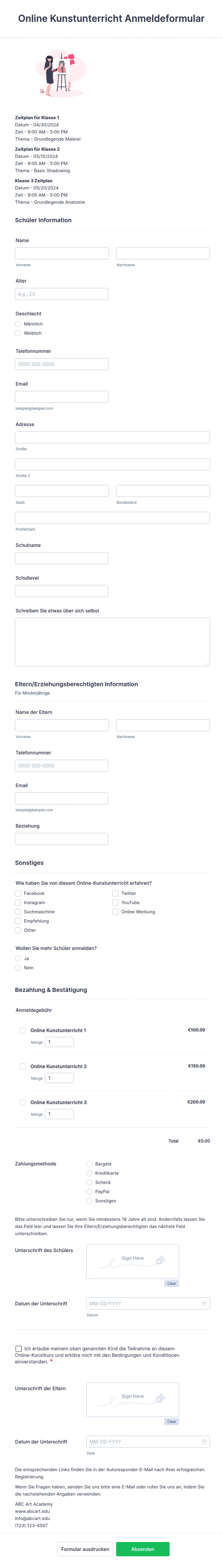 Online Kunstunterricht Anmeldeformular Formularvorlage | Jotform