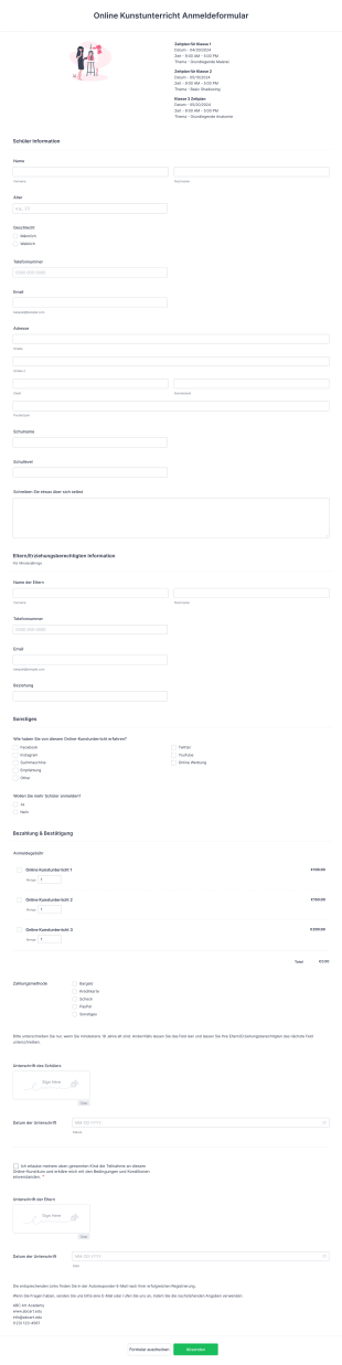 Online Kunstunterricht Anmeldeformular Form Template
