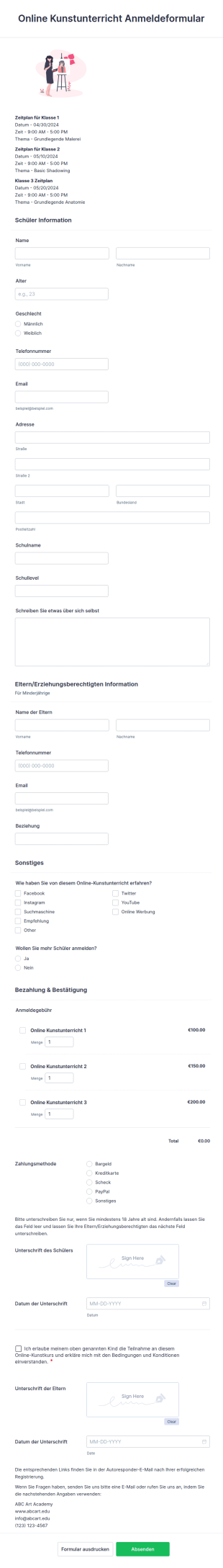 Online Kunstunterricht Anmeldeformular