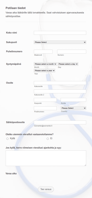 Online Lääkärin Ajanvarauskaavake