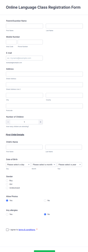 Online Language Class Registration Form Template