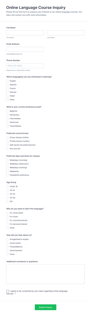Online Language Course Inquiry Form Template