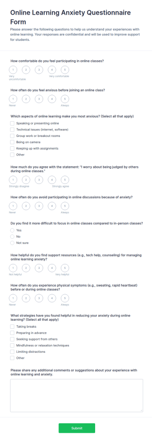 Online Learning Anxiety Questionnaire Form Template