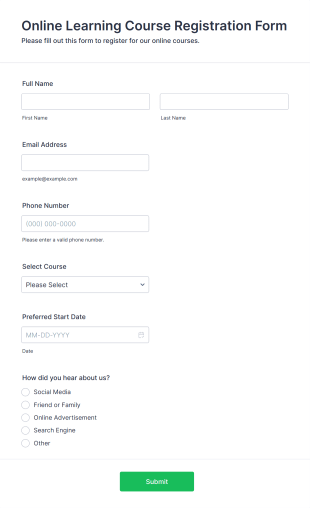 Online Learning Course Registration Form Template