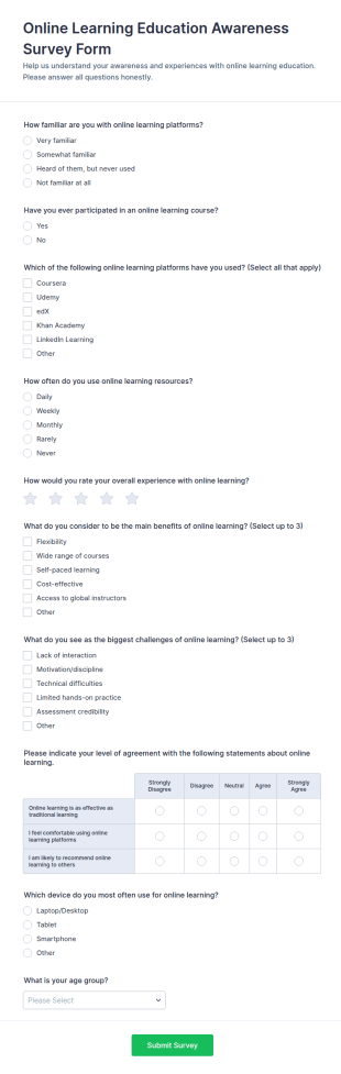 Online Learning Education Awareness Survey Form Template