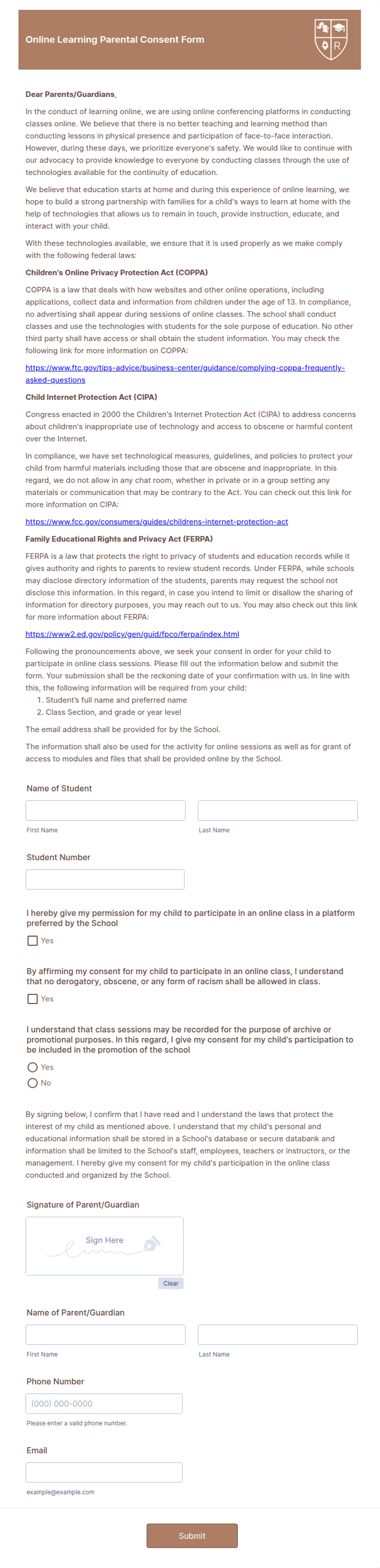 Online Learning Parental Consent Form Template | Jotform