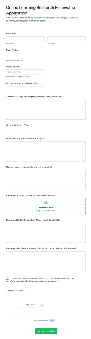 Online Learning Research Fellowship Application Form Template
