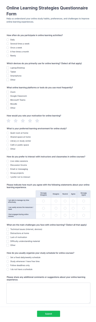 Online Learning Strategies Questionnaire Form Template