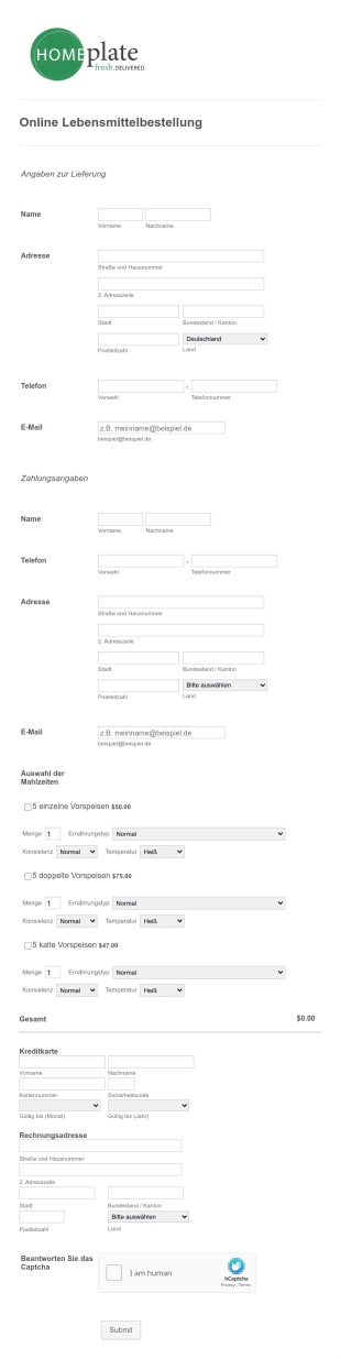 Online Lebensmittelbestellung Form Template