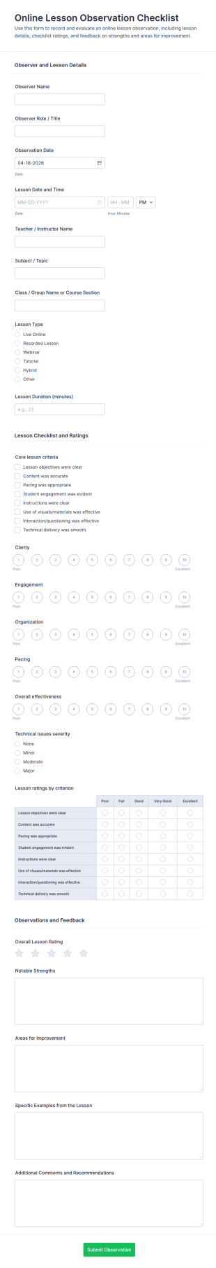 Online Lesson Observation Checklist Form Template
