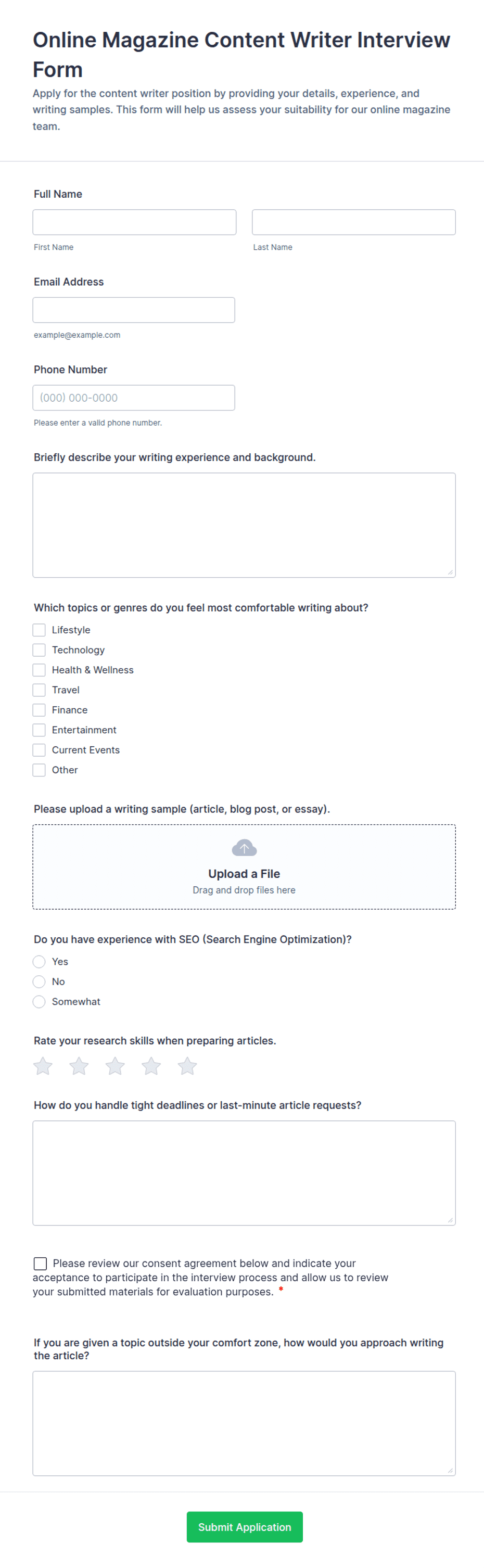 Journalism Interview Question Template.pdf Online Magazine Content Writer Interview Form Template | Jotform