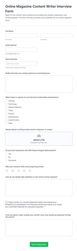 Online Magazine Content Writer Interview Form Form Template