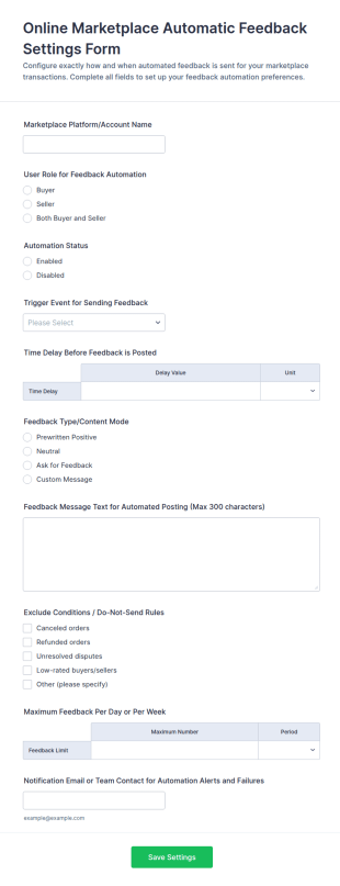 Online Marketplace Automatic Feedback Settings Form Template