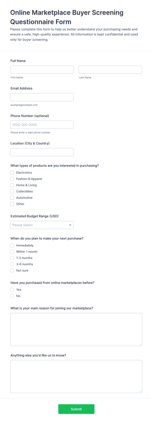 Online Marketplace Buyer Screening Questionnaire Form Template