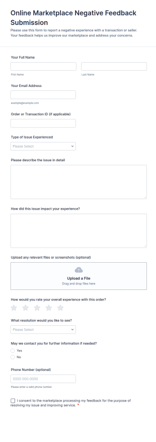 Online Marketplace Negative Feedback Submission Form Template