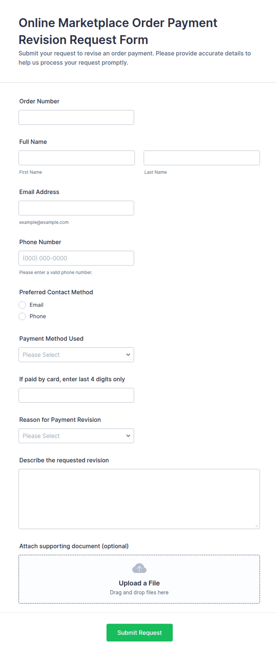 Online Marketplace Order Payment Revision Request Form Template | Jotform