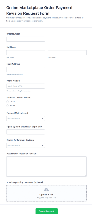 Online Marketplace Order Payment Revision Request Form Template