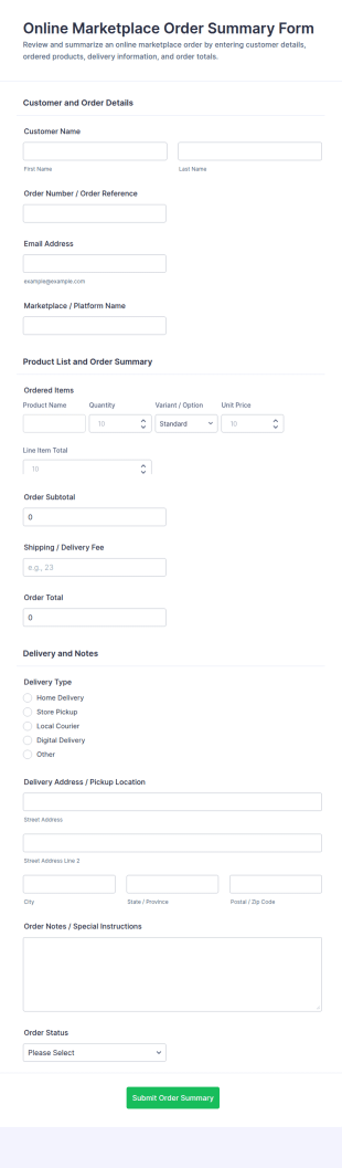 Online Marketplace Order Summary Form Template