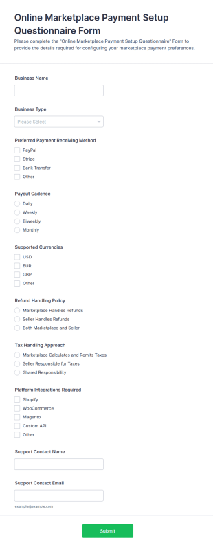 Online Marketplace Payment Setup Questionnaire Form Template