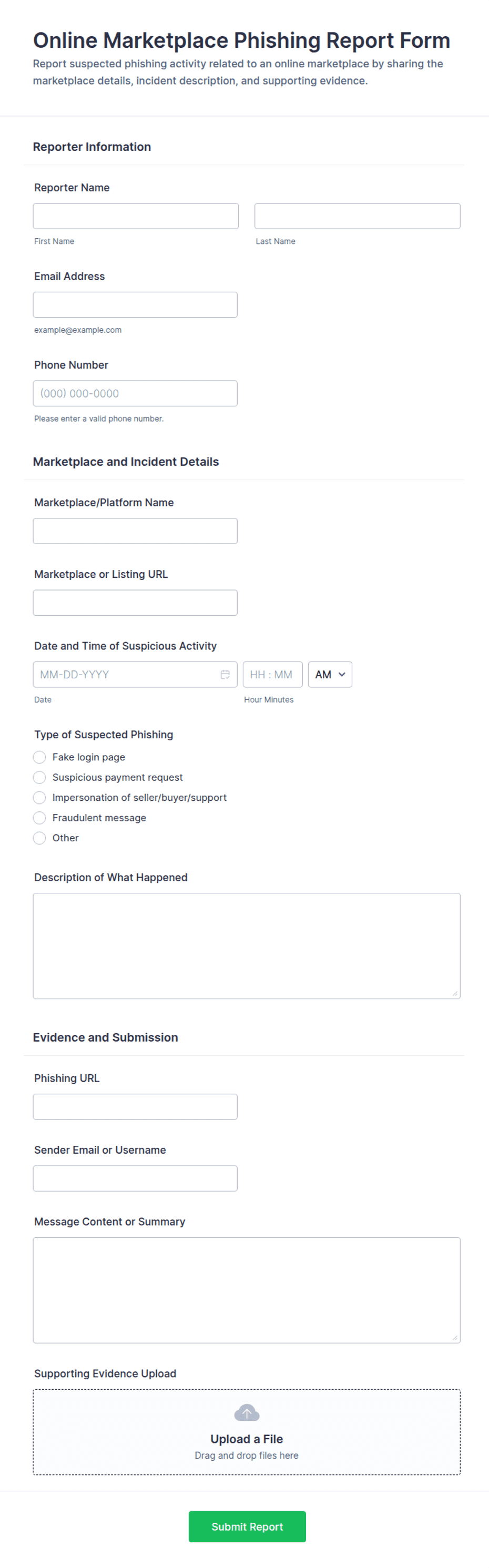 Online Marketplace Phishing Report Form Template | Jotform