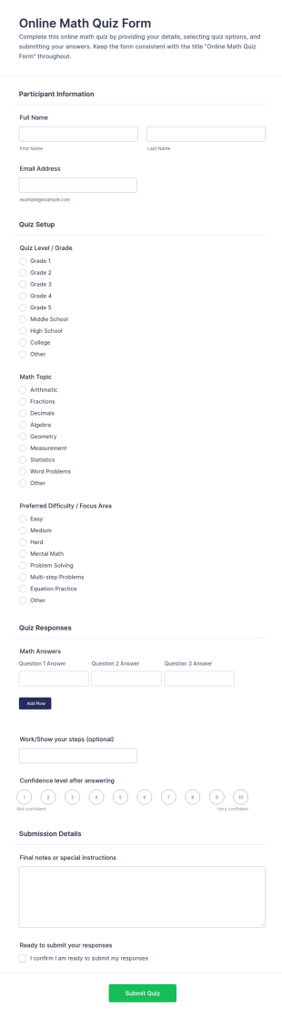 Online Math Quiz Form Template