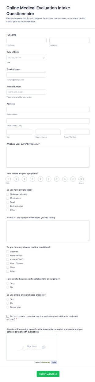 Online Medical Evaluation Intake Questionnaire Form Template
