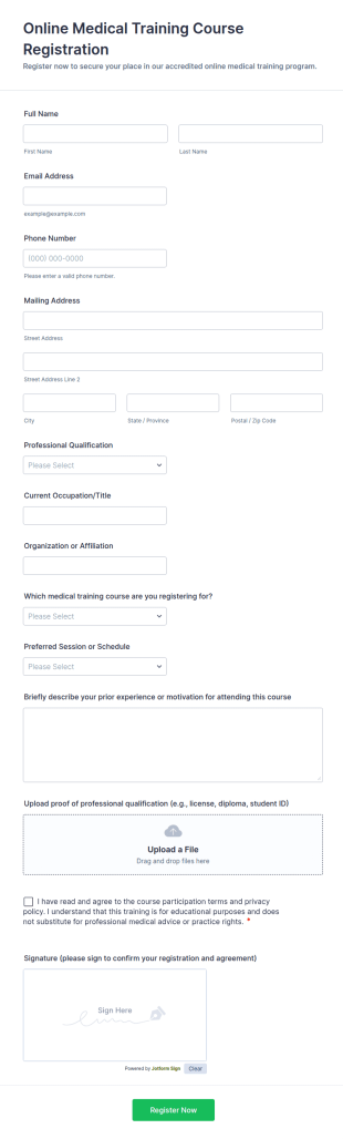 Online Medical Training Course Registration Form Template