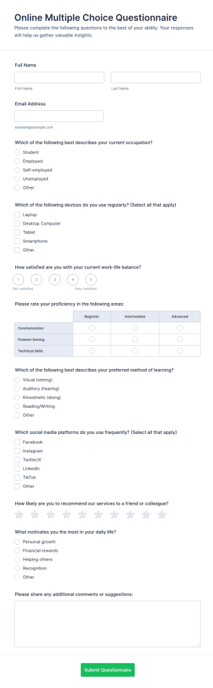Online Multiple Choice Questionnaire Form Template
