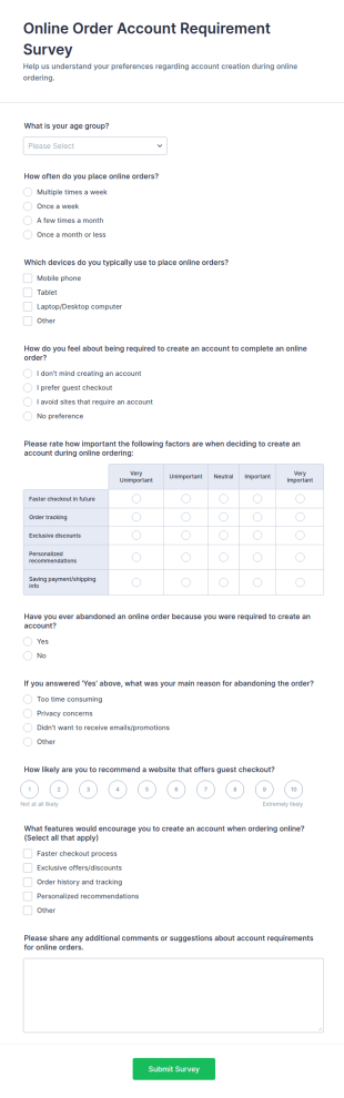 Online Order Account Requirement Survey Form Template