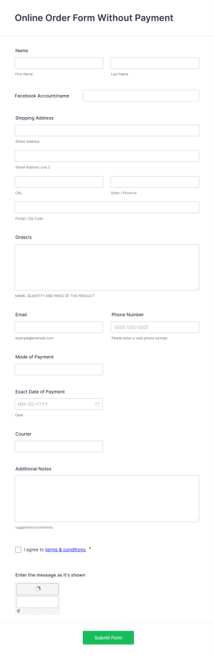 Online Order Form Without Payment
