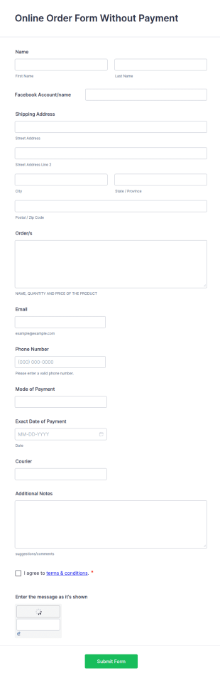Online Order Form Without Payment