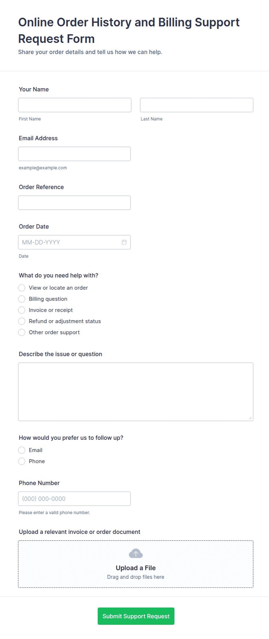 Online Order History and Billing Support Request Form Template | Jotform