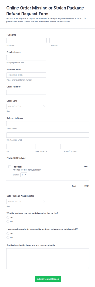 Online Order Missing Or Stolen Package Refund Request Form Template
