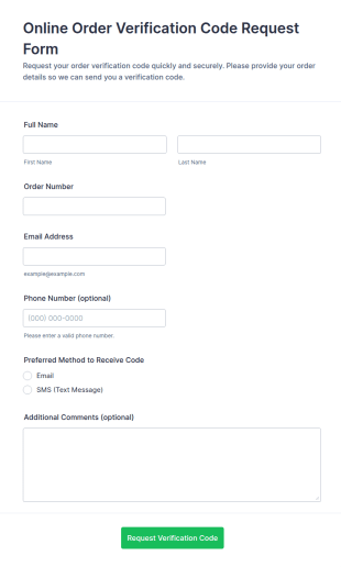 Online Order Verification Code Request Form Template