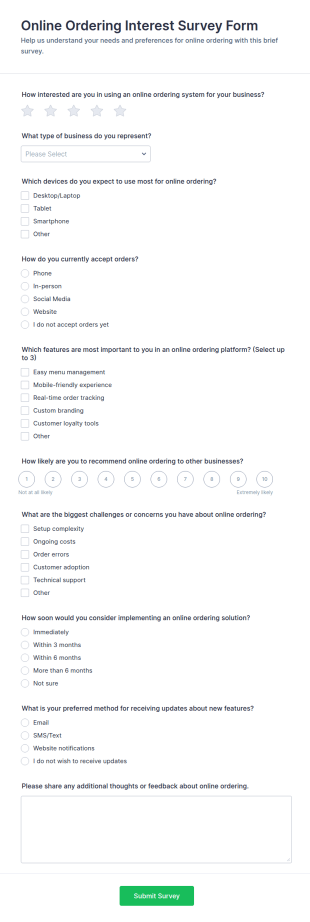 Online Ordering Interest Survey Form Template