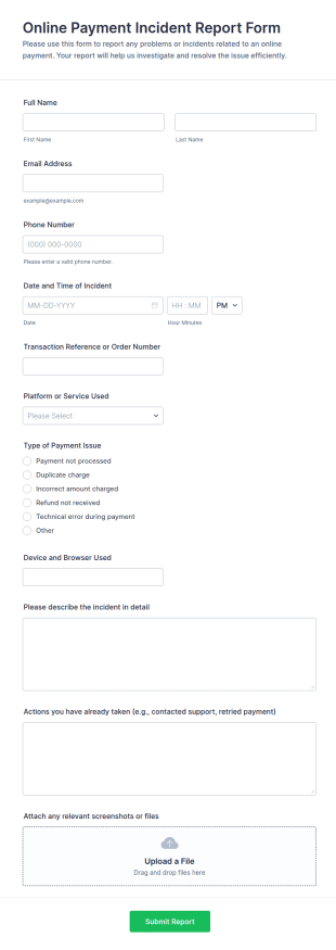 Online Payment Incident Report Form Template