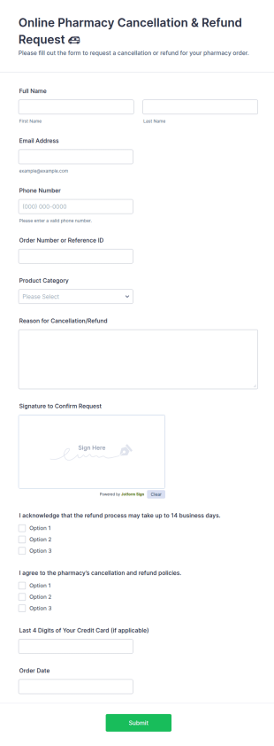 Online Pharmacy Cancellation & Refund Request 🚑 Form Template