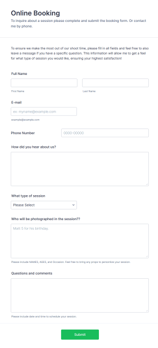 Online Photo Shoot Booking Form Template