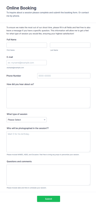 Online Photo Shoot Booking Form Template