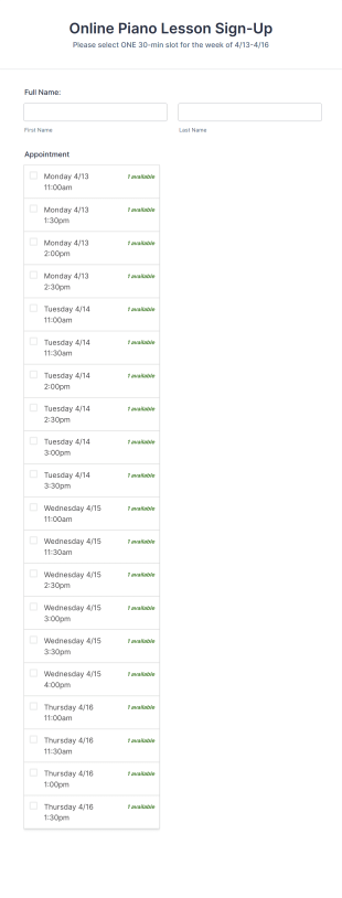 Online Piano Lesson Sign Up Form Template