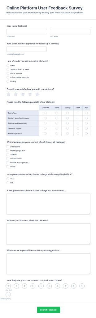Online Platform User Feedback Survey Form Template
