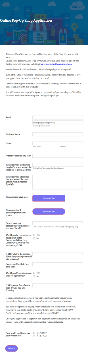 Online Pop Up Shop Application Form Template