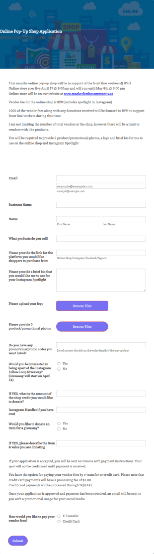 Online Pop Up Shop Application Form Template
