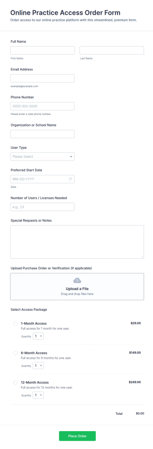 Online Practice Access Order Form Template