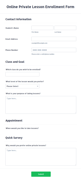 Online Private Lesson Enrollment Form Template