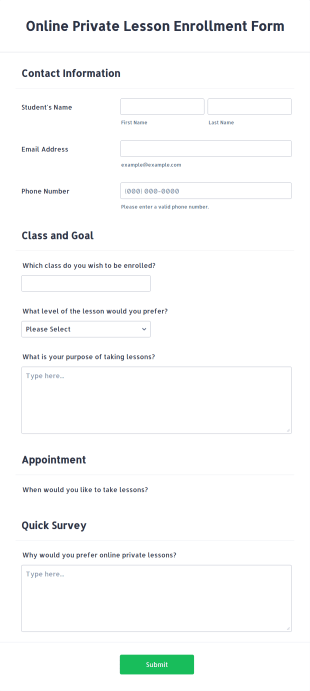 Online Private Lesson Enrollment Form Template