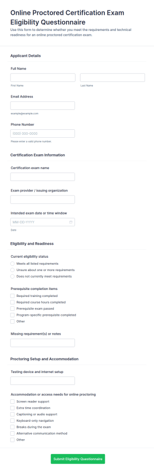 Online Proctored Certification Exam Eligibility Questionnaire Form Template