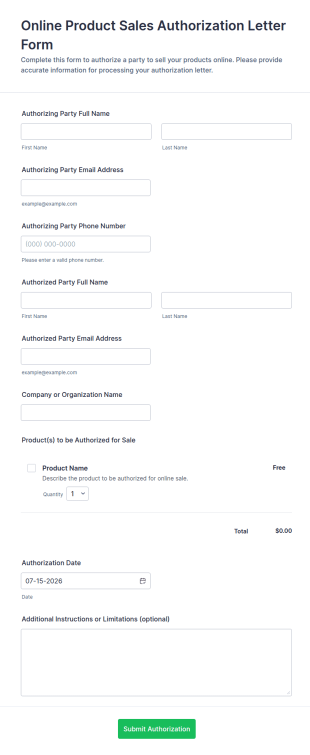 Online Product Sales Authorization Letter Form Template
