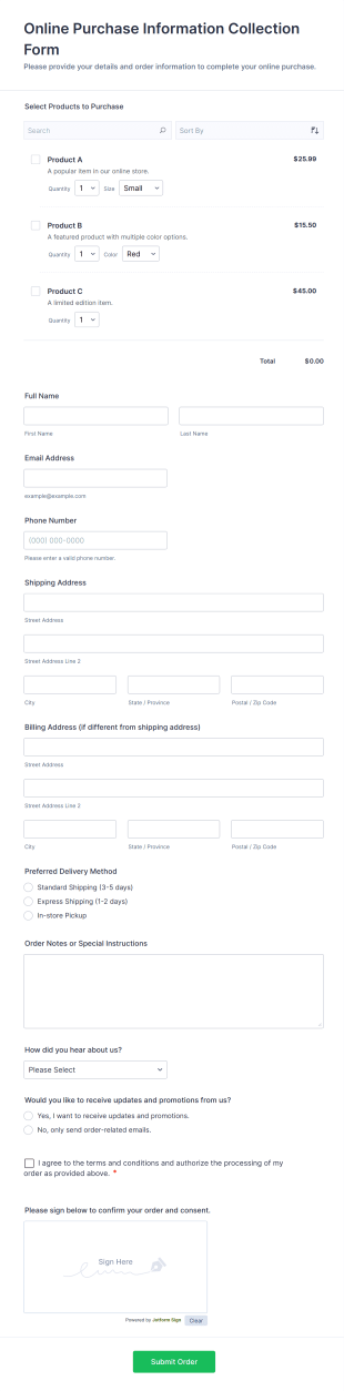 Online Purchase Information Collection Form Template