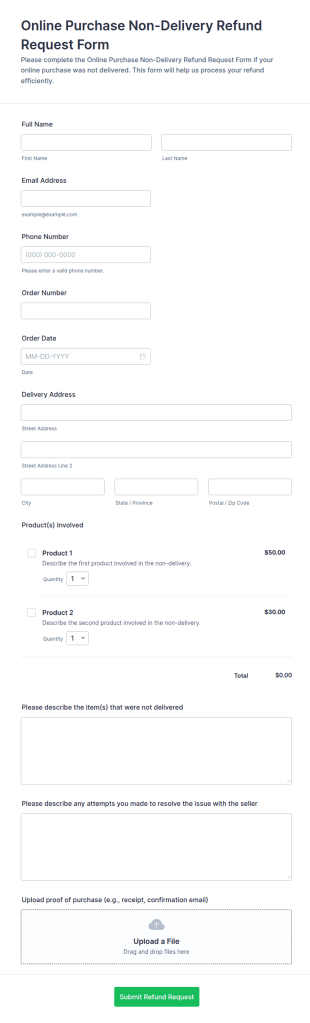 Online Purchase Non Delivery Refund Request Form Template